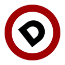 Logo, the letter D in black, on a white background, inside a red circle. The D is rotated approximately -45 degrees.