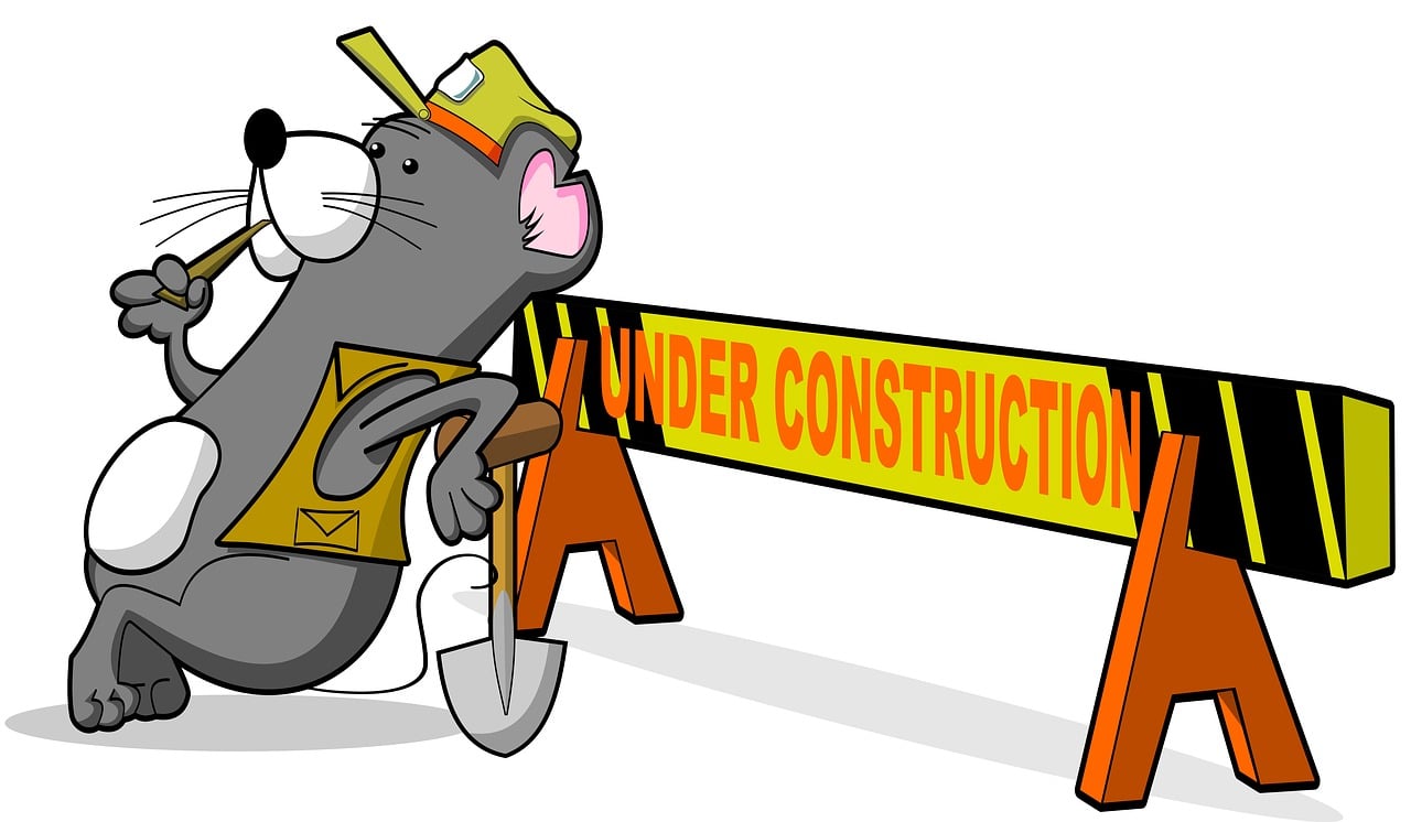 A large, gray anthropomorphic rat, dressed in a brown vest and cap, picking at its teeth with a comicly large toothpick. The rat is leaning on a shovel under his left elbow, and also leaning on a large 'Under Construction' sign on two saw horses. The rat seems pensive, but hopeful. The large trianglular notch in its left ear, and a kind of frumpy appearance, gives the perception of a wise, aged worker, looking upon its marvelous accomplishment in progress.